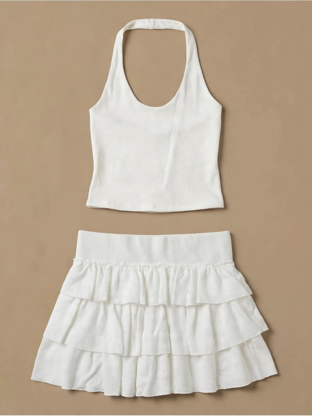 Gianni Bini White 3-Tier Ruffle Flounce Skirt Skort & Halter Top 2 Piece Set NWT